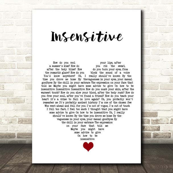 Jann Arden Insensitive White Heart Song Lyric Quote Music Print