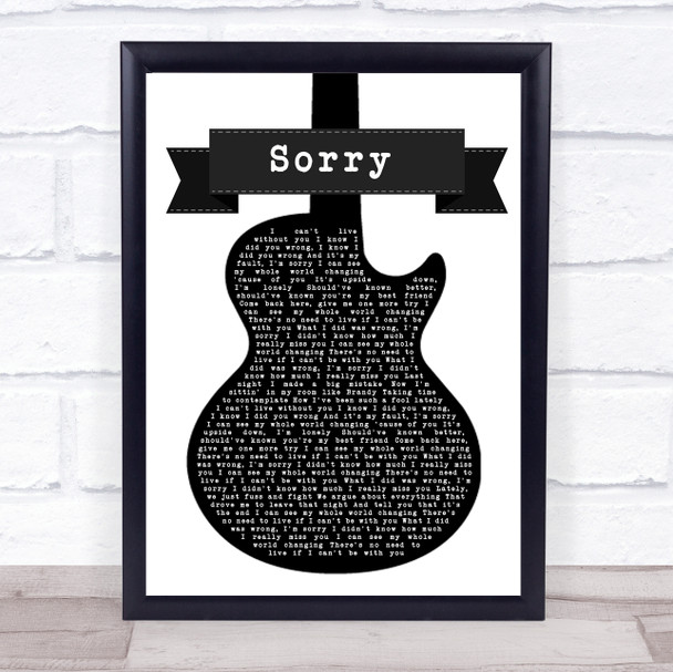 Joel Corry Sorry Black & White Guitar Song Lyric Print