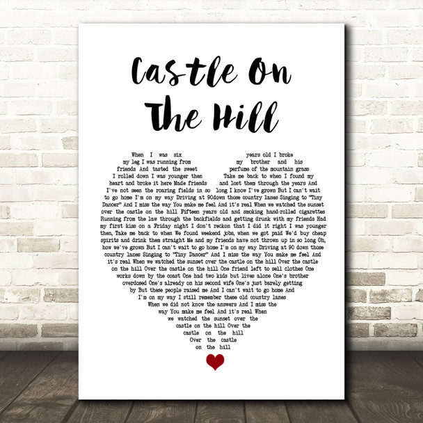 Ed Sheeran Castle On The Hill White Heart Song Lyric Print