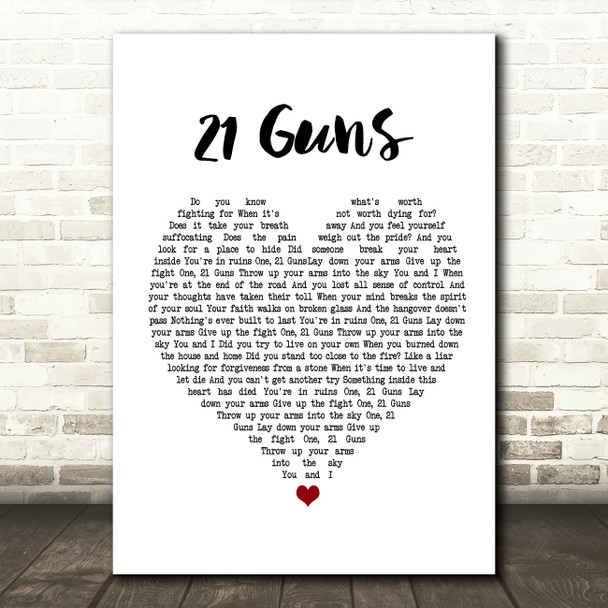 Green Day 21 Guns White Heart Song Lyric Print