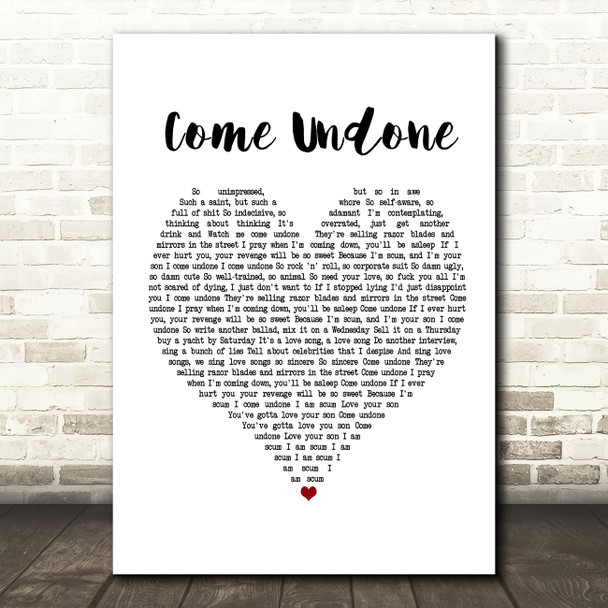 Robbie Williams Come Undone White Heart Song Lyric Print