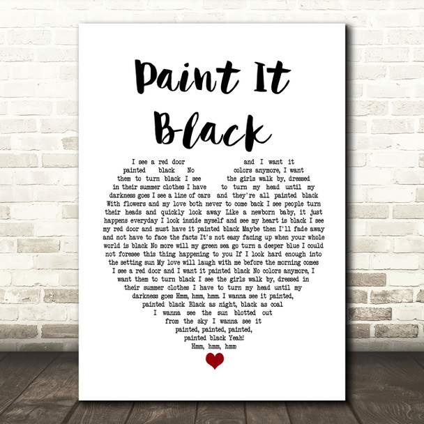 The Rolling Stones Paint It Black White Heart Song Lyric Print