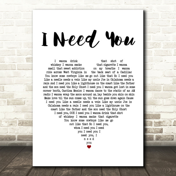 Faith Hill and Tim McGraw I Need You White Heart Song Lyric Print