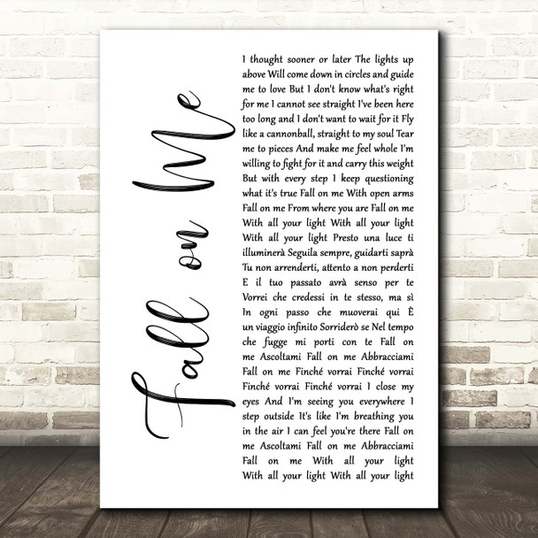 Andrea Bocelli Fall on Me White Script Song Lyric Print