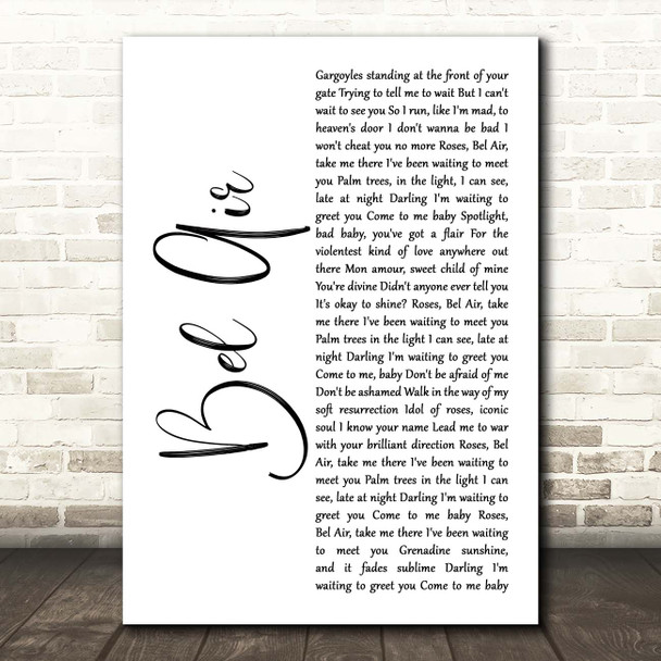 Lana Del Rey Bel Air White Script Song Lyric Print