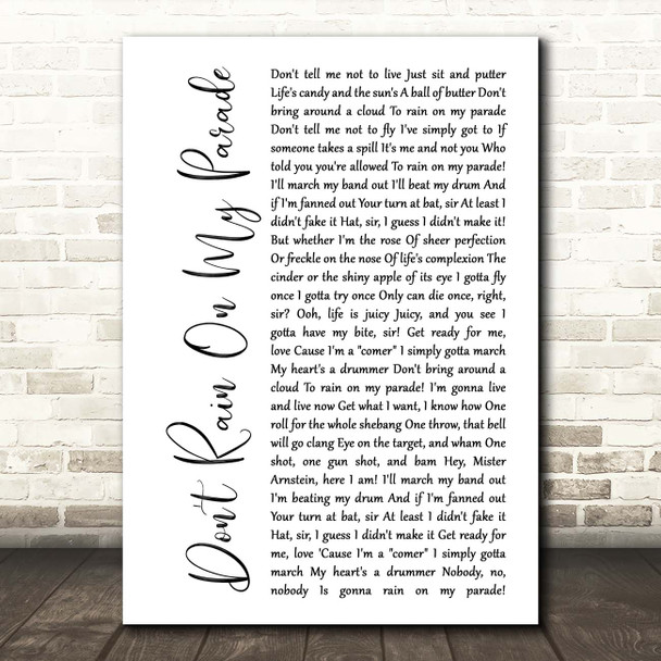 Barbra Streisand Don't Rain On My Parade White Script Song Lyric Print