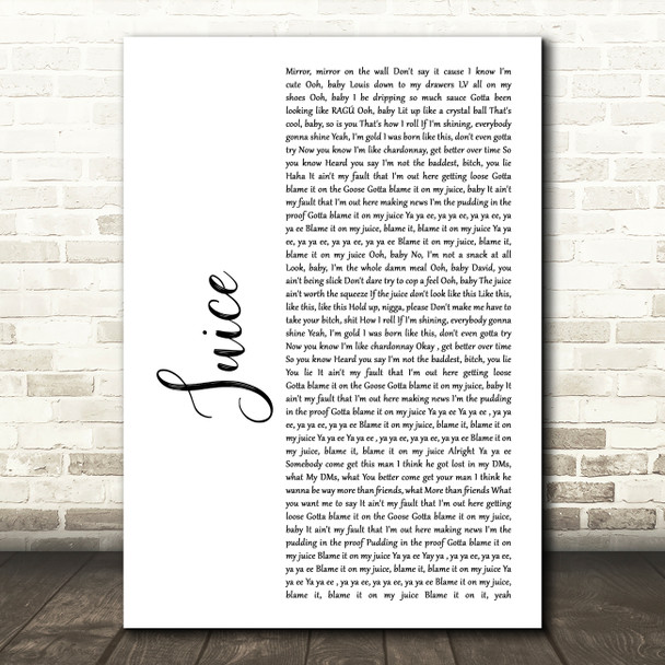Lizzo Juice White Script Song Lyric Wall Art Print