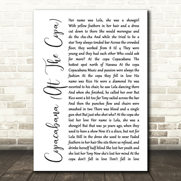 Barry Manilow Copacabana (At The Copa) White Script Song Lyric Print