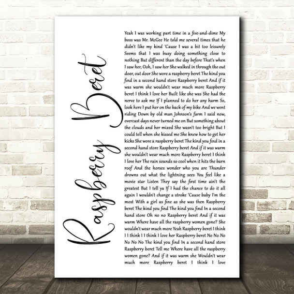 Prince Raspberry Beret White Script Song Lyric Print