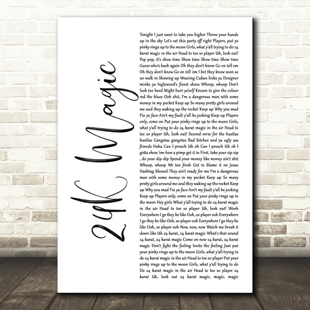 Bruno Mars 24K Magic White Script Song Lyric Quote Music Print
