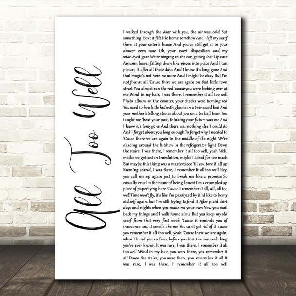Taylor Swift All Too Well White Script Song Lyric Quote Music Print