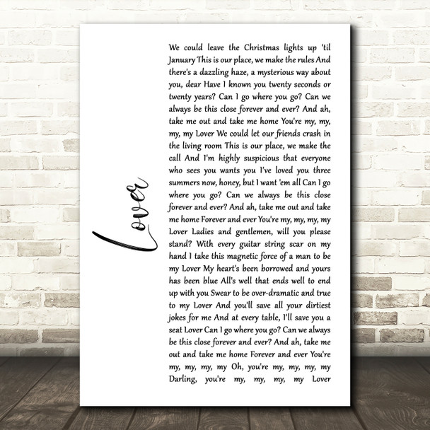 Taylor Swift Lover White Script Song Lyric Quote Music Print