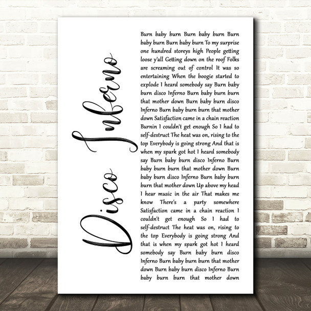 The Trammps Disco Inferno White Script Song Lyric Quote Music Print