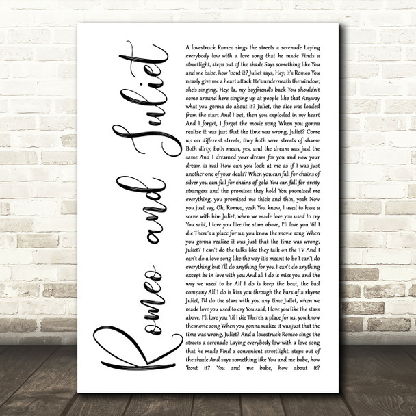 Dire Straits Romeo And Juliet White Script Song Lyric Quote Print