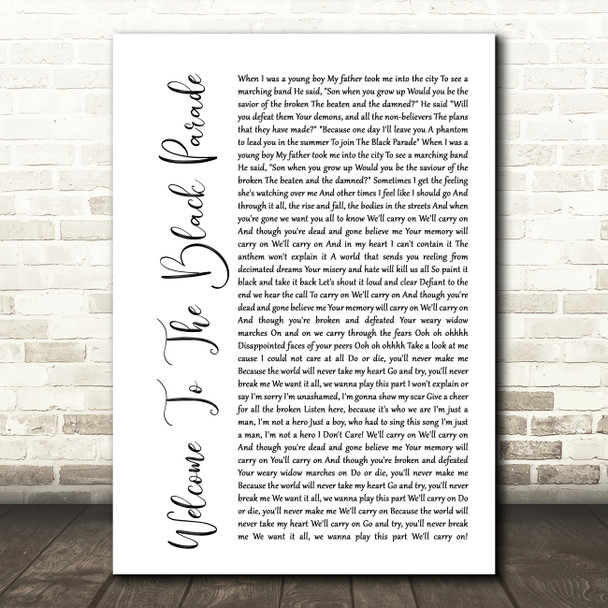 My Chemical Romance Welcome To The Black Parade White Script Song Lyric Print