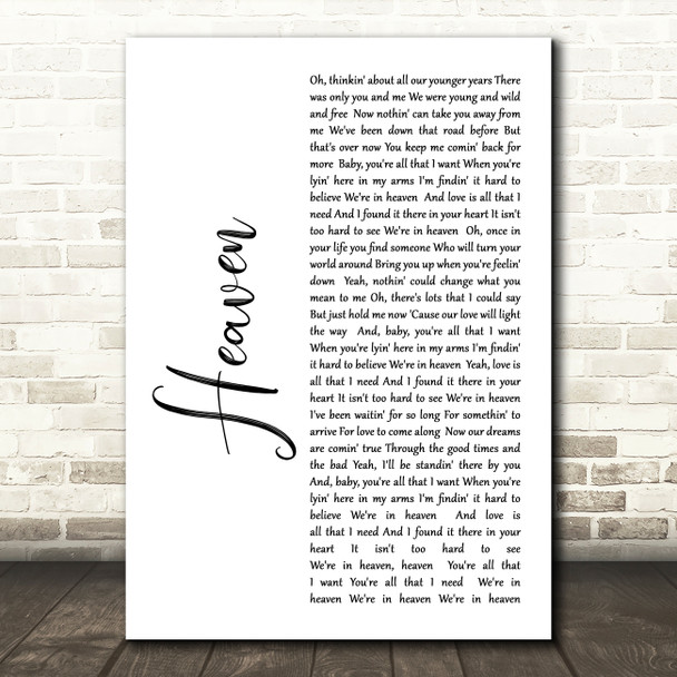 Bryan Adams Heaven White Script Song Lyric Quote Print