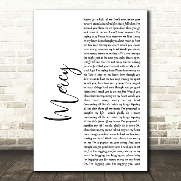 Shawn Mendes Mercy White Script Song Lyric Quote Print