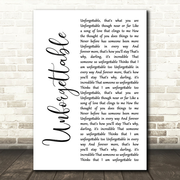 Nat King Cole Unforgettable White Script Song Lyric Music Art Print