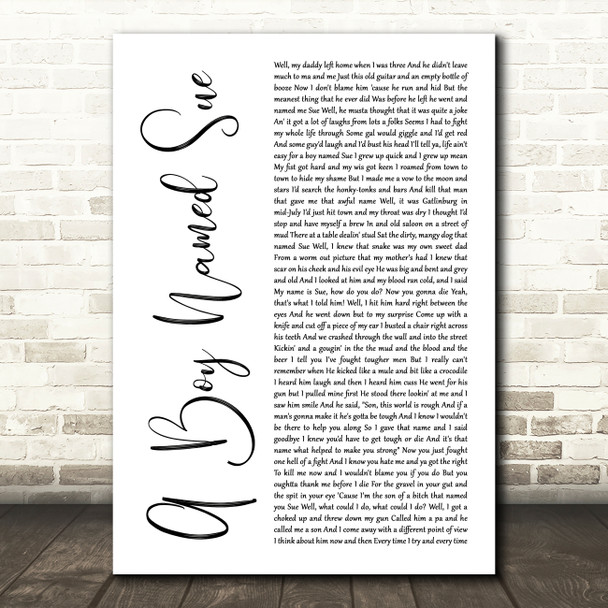 Johnny Cash A Boy Named Sue White Script Song Lyric Music Art Print