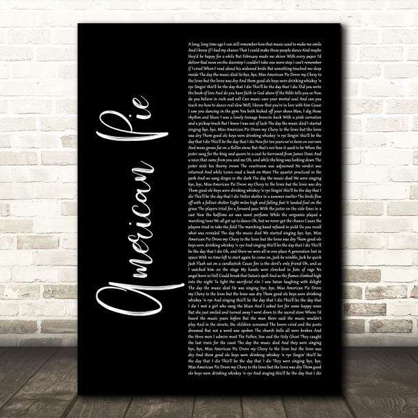 Don McLean American Pie Black Script Song Lyric Art Print