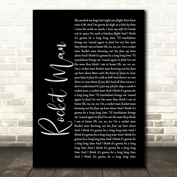 Elton John Rocket Man Black Script Song Lyric Art Print