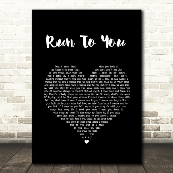 Whitney Houston Run To You Black Heart Song Lyric Wall Art Print