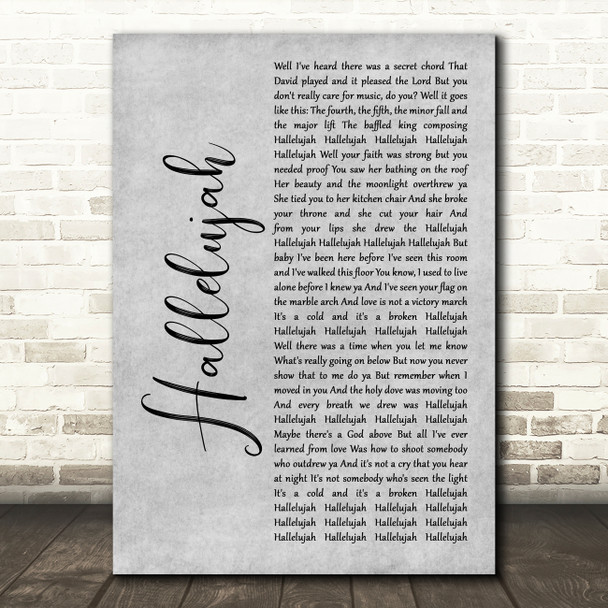 Jeff Buckley Hallelujah Grey Rustic Script Song Lyric Art Print