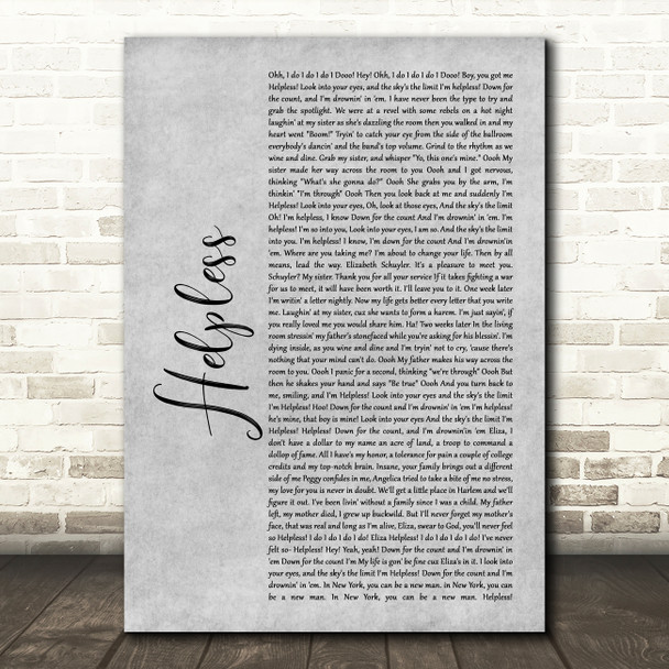 Phillipa Soo, Original Broadway Cast of Hamilton Helpless Grey Rustic Script Song Lyric Art Print
