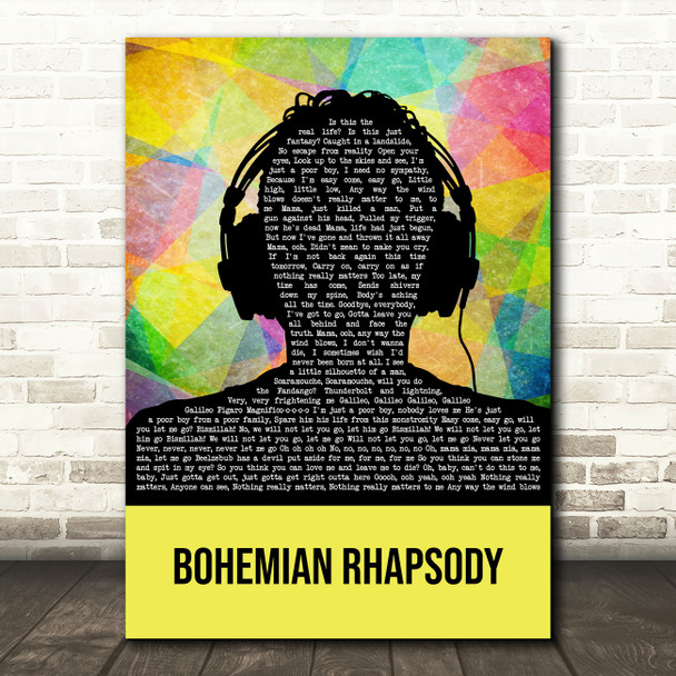 Queen Bohemian Rhapsody Multicolour Man Headphones Song Lyric Art Print
