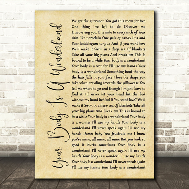 John Mayer Your Body Is A Wonderland Rustic Script Song Lyric Art Print