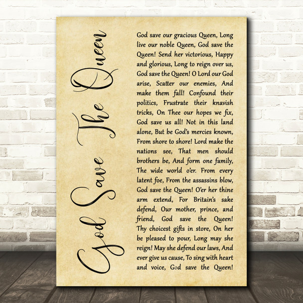 English National Anthem God Save The Queen Rustic Script Song Lyric Art Print