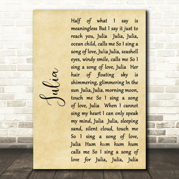 The Beatles Julia Rustic Script Song Lyric Art Print