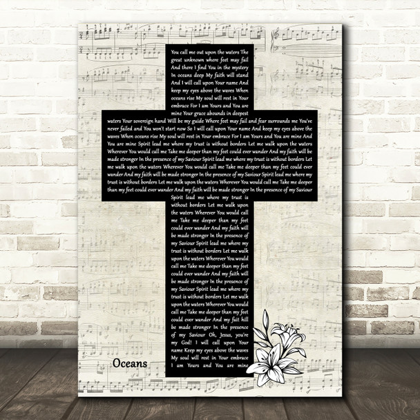 Hillsong United Oceans Music Script Christian Memorial Cross Song Lyric Art Print