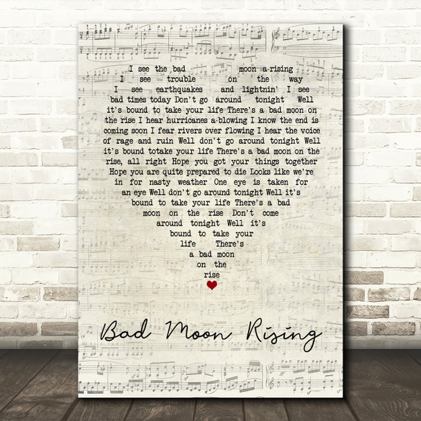 Creedence Clearwater Revival Bad Moon Rising Script Heart Song Lyric Art Print