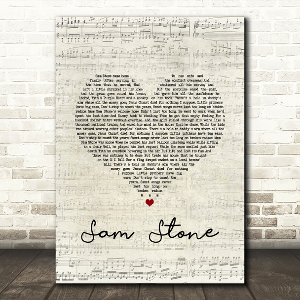 John Prine Sam Stone Script Heart Song Lyric Art Print