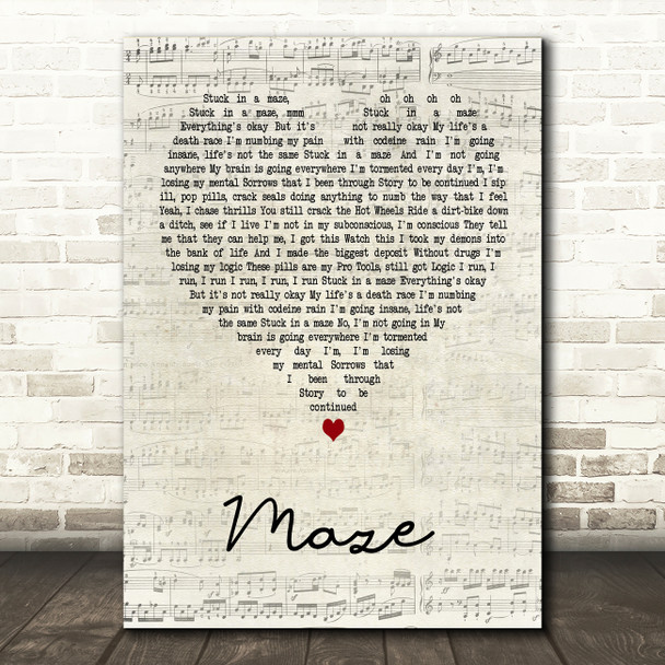 Juice WRLD Maze Script Heart Song Lyric Art Print