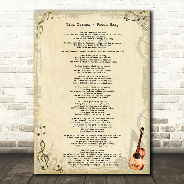 Tina Turner Proud Mary Vintage Guitar Song Lyric Art Print