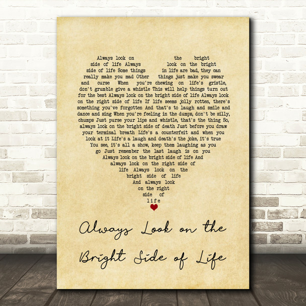 Art Garfunkel Always Look on the Bright Side of Life Vintage Heart Song Lyric Art Print