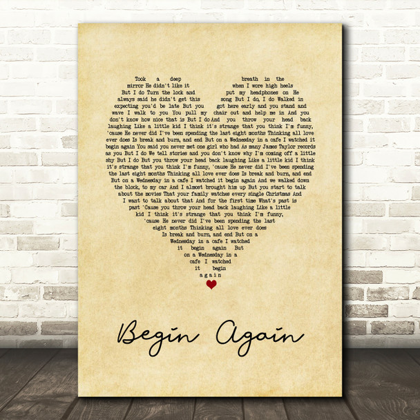 Taylor Swift Begin Again Vintage Heart Song Lyric Art Print