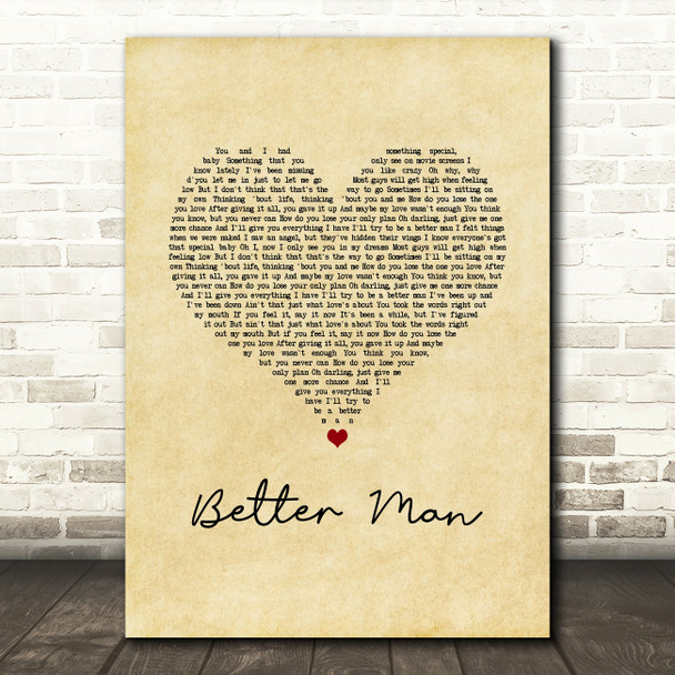 Westlife Better Man Vintage Heart Song Lyric Art Print