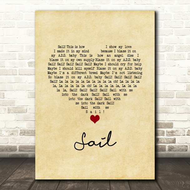 AWOLNATION Sail Vintage Heart Song Lyric Art Print