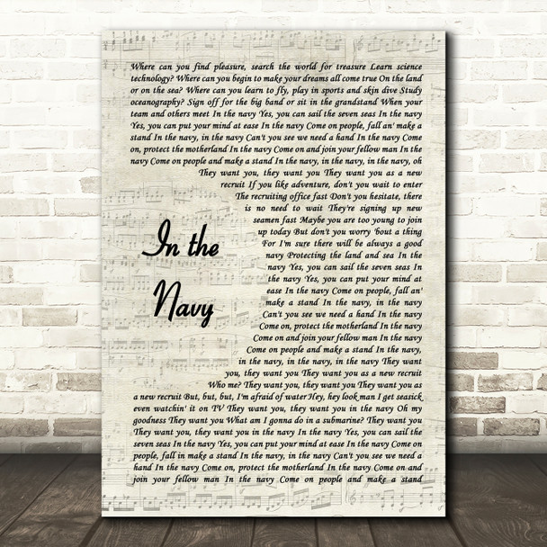 Village People In the Navy Vintage Script Song Lyric Art Print