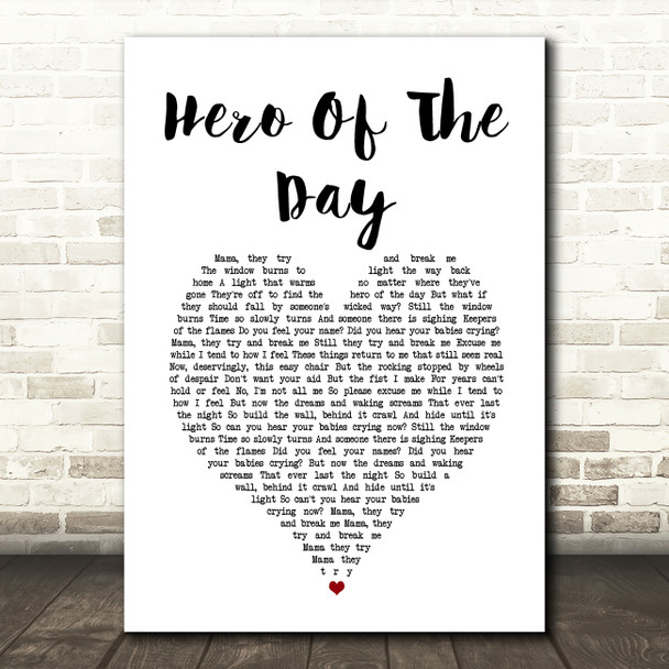 Metallica Hero Of The Day White Heart Song Lyric Art Print