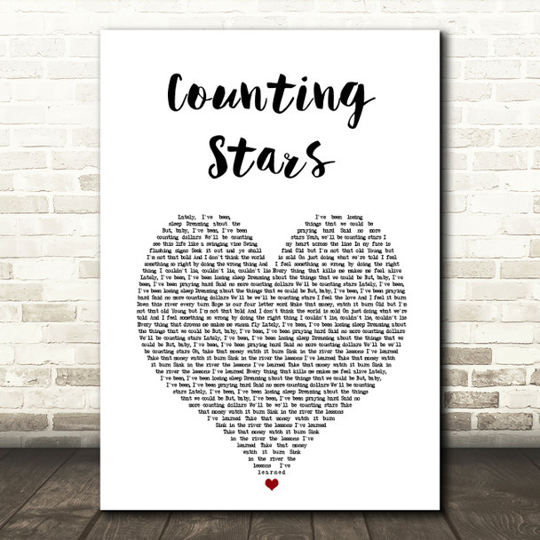 OneRepublic Counting Stars White Heart Song Lyric Art Print