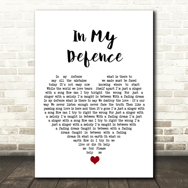 Freddie Mercury In My Defence White Heart Song Lyric Art Print