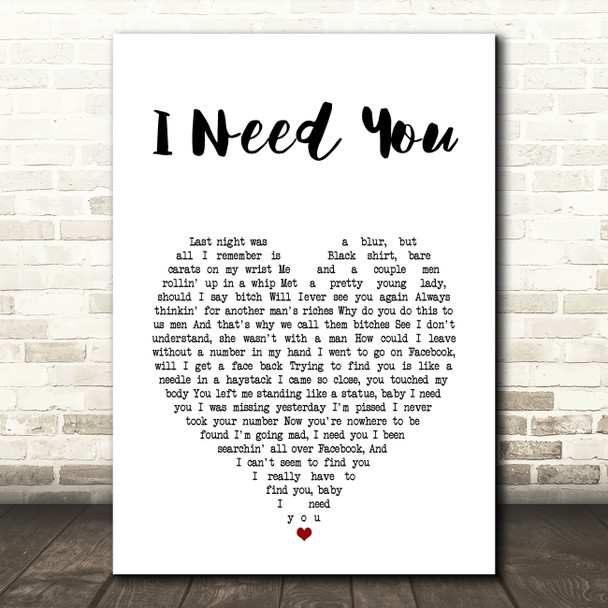 N-Dubz I Need You White Heart Song Lyric Art Print
