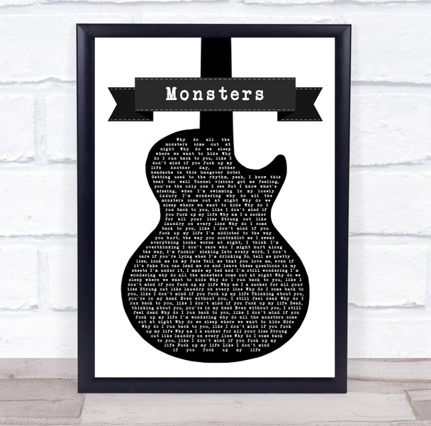 All Time Low feat. Blackbear Monsters Black & White Guitar Wall Art Song Lyric Print