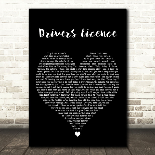 Olivia Rodrigo drivers licence Black Heart Decorative Wall Art Gift Song Lyric Print