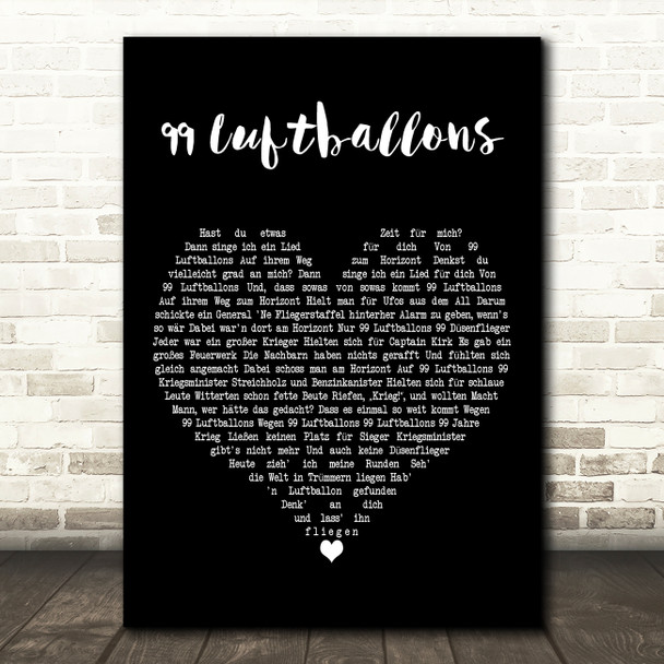 Nena 99 Luftballons Black Heart Decorative Wall Art Gift Song Lyric Print