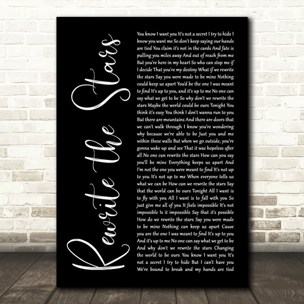 Zac Efron, Zendaya - GREATEST SHOWMAN Rewrite the Stars Black Script Wall Art Gift Song Lyric Print